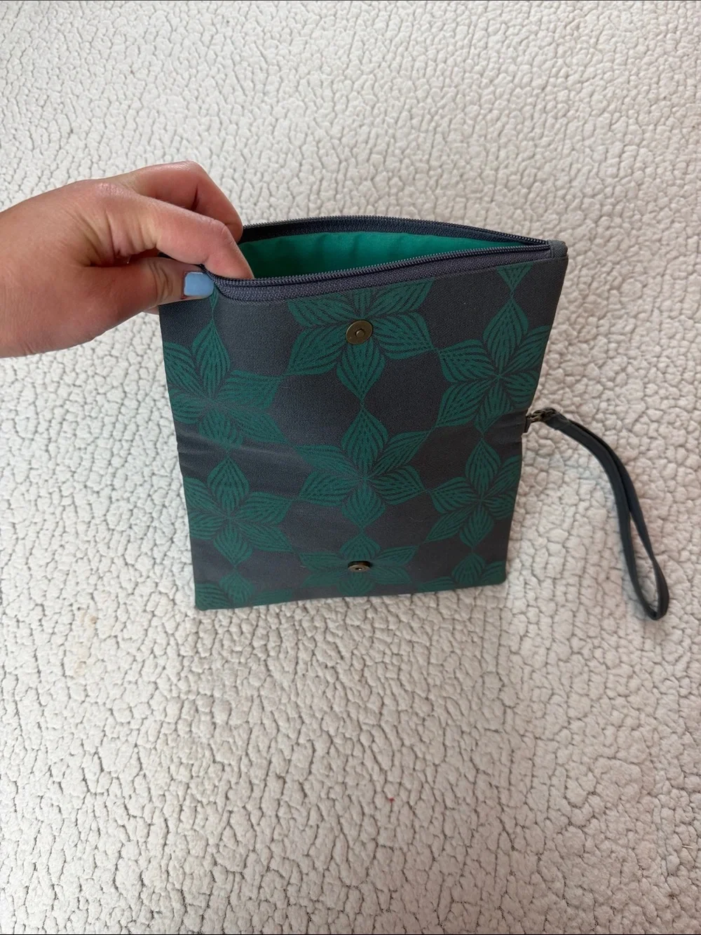 Fold-Over Wristlet Clutch in Dark Grey and Teal Blue